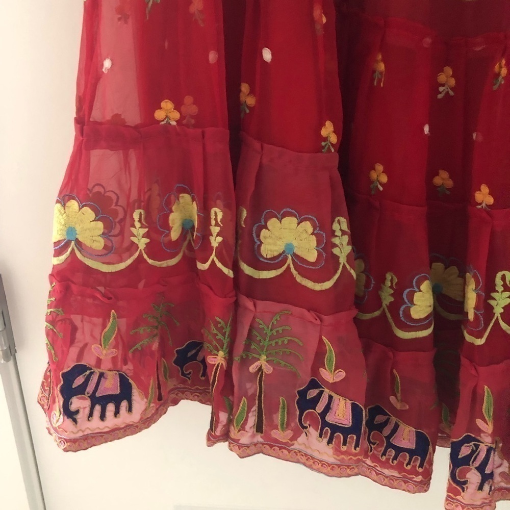 Juliet Dunn London Boho Embroidered Elephant Bird Tiered Midi Skirt Large - Picture 6 of 8